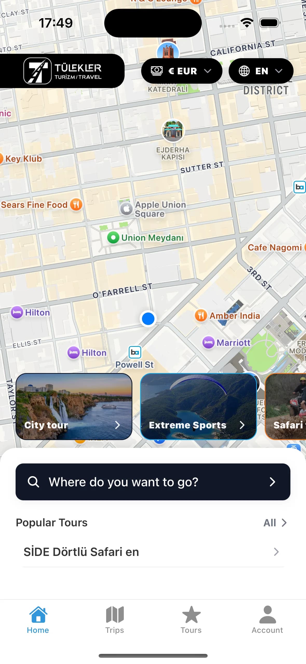 Startbildschirm der Tülekler Travel App mit Karte und Touren