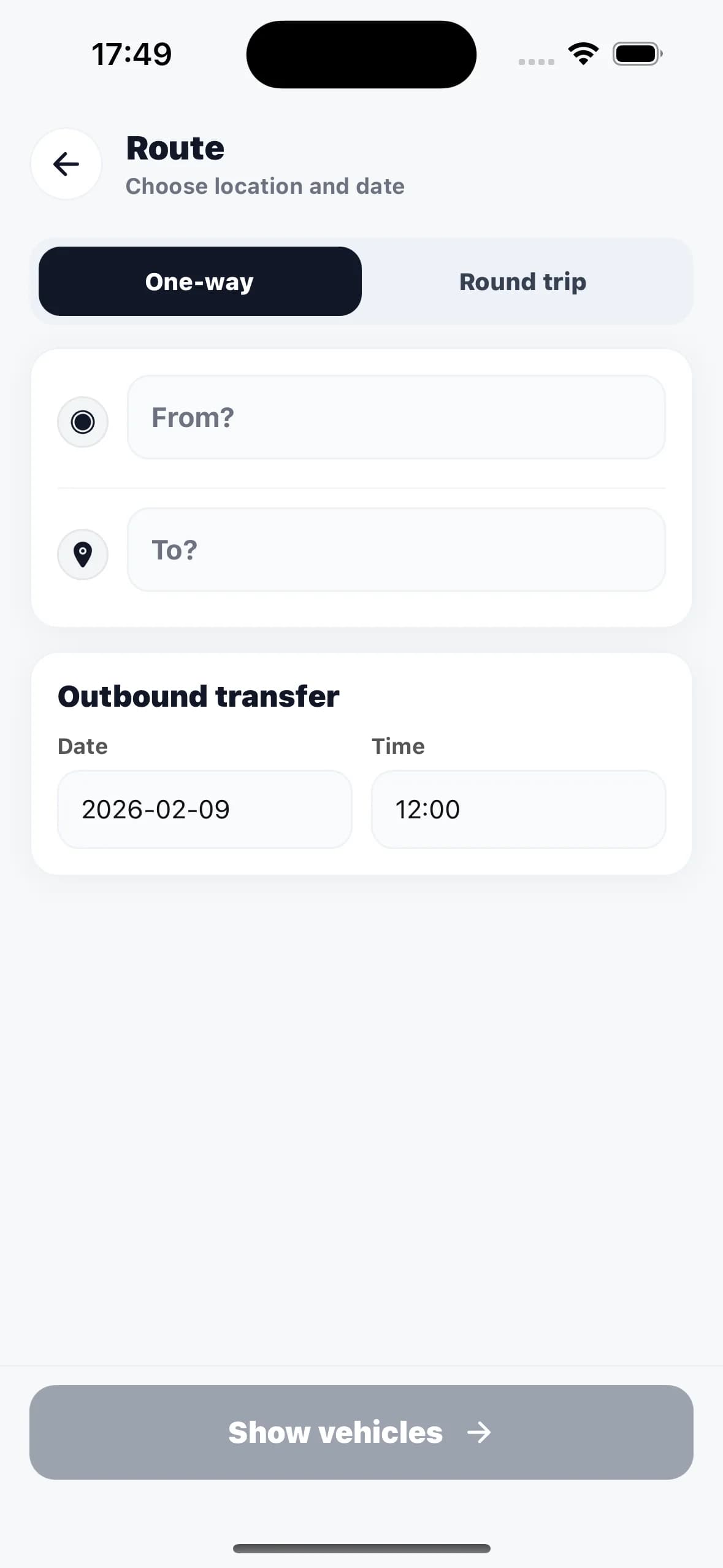 Routen- und Datumsauswahl der Tülekler Travel App