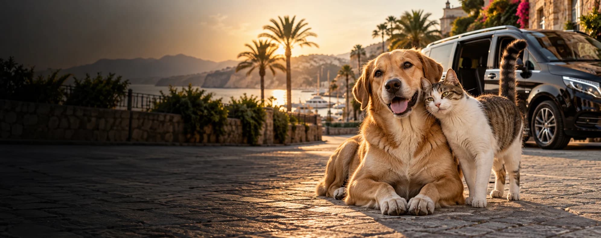 A dog and cat representing Tülekler Transfer's street animal support campaign beside a transfer vehicle in Antalya