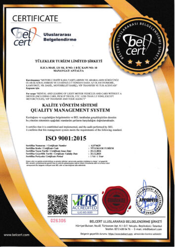 Tülekler Turizm ISO 9001 2015 Qualitätsmanagement-Zertifikat